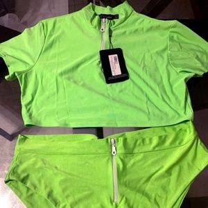 Plus Neon Green Zip Collar Bikini